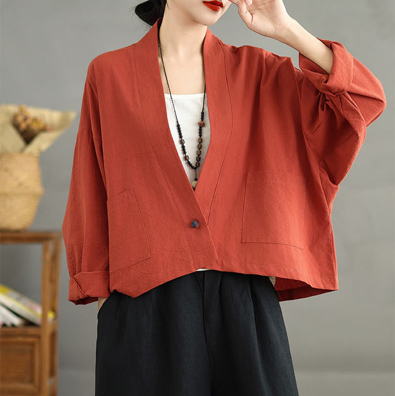 Buddha Stones Casual Vintage Plain Long Sleeve Open Front Cardigan Cotton Linen Jacket With Pockets - image 10