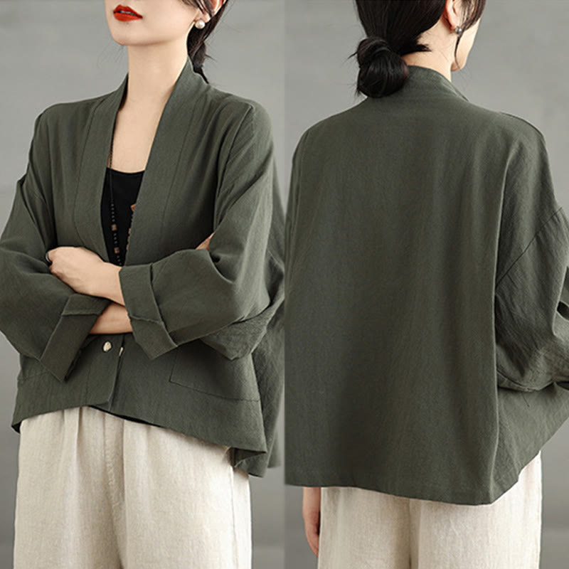 Buddha Stones Casual Vintage Plain Long Sleeve Open Front Cotton Linen Jacket With Pockets - image 18