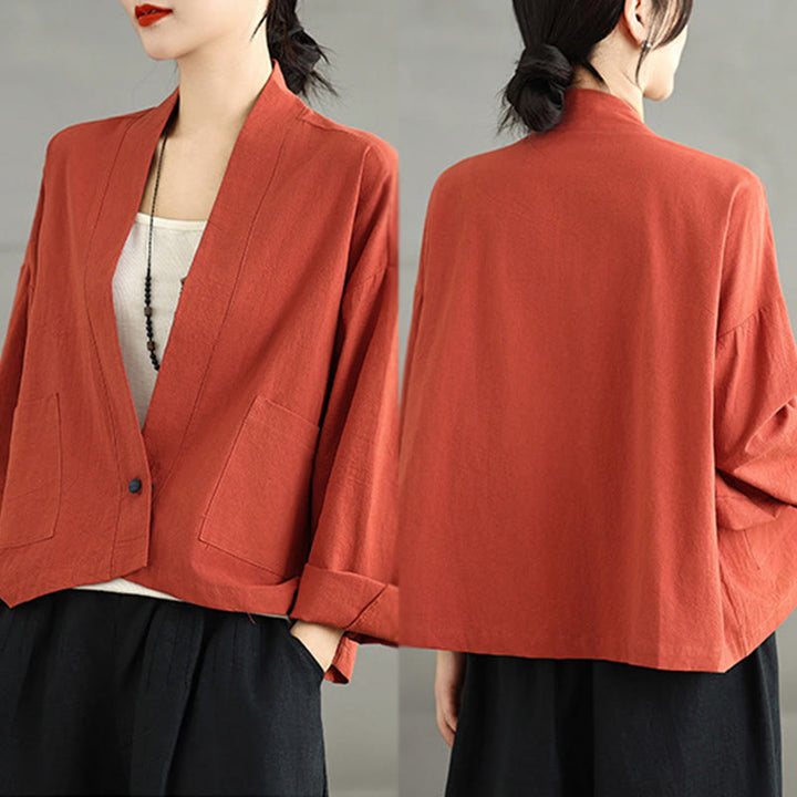 Buddha Stones Casual Vintage Plain Long Sleeve Open Front Cardigan Cotton Linen Jacket With Pockets - image 13