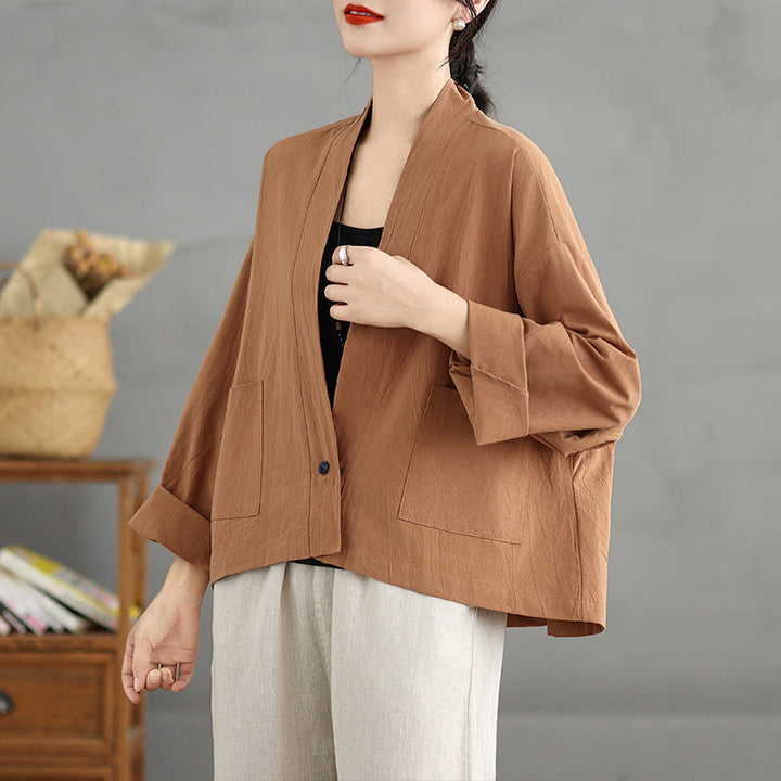 Buddha Stones Casual Vintage Plain Long Sleeve Open Front Cotton Linen Jacket With Pockets - image 3