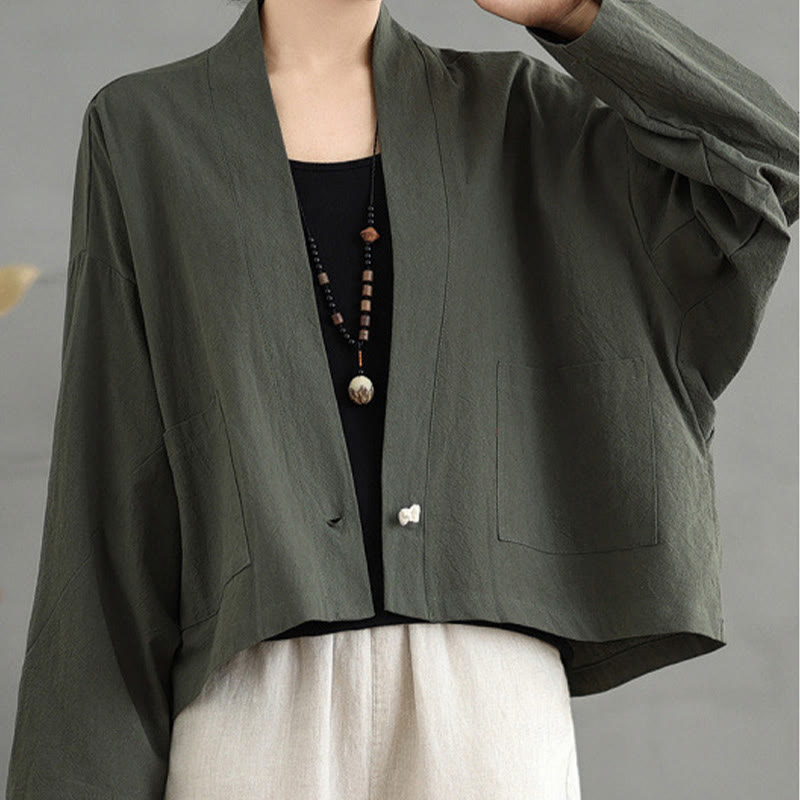 Buddha Stones Casual Vintage Plain Long Sleeve Open Front Cotton Linen Jacket With Pockets - DarkOliveGreen - US14，UK/AU18，EU46 (2XL) - image 13