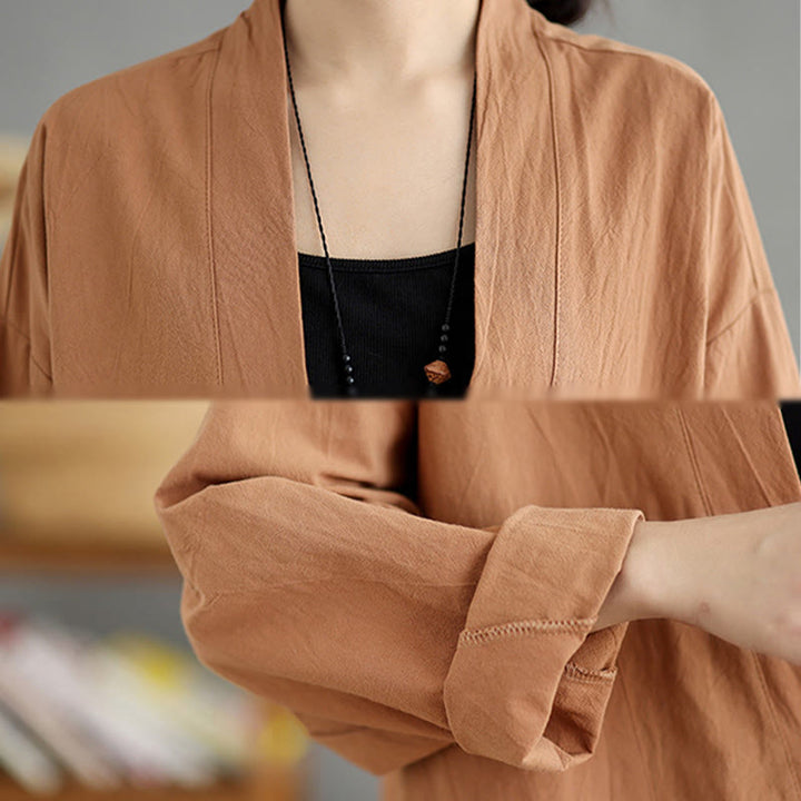 Buddha Stones Casual Vintage Plain Long Sleeve Open Front Cardigan Cotton Linen Jacket With Pockets - image 6