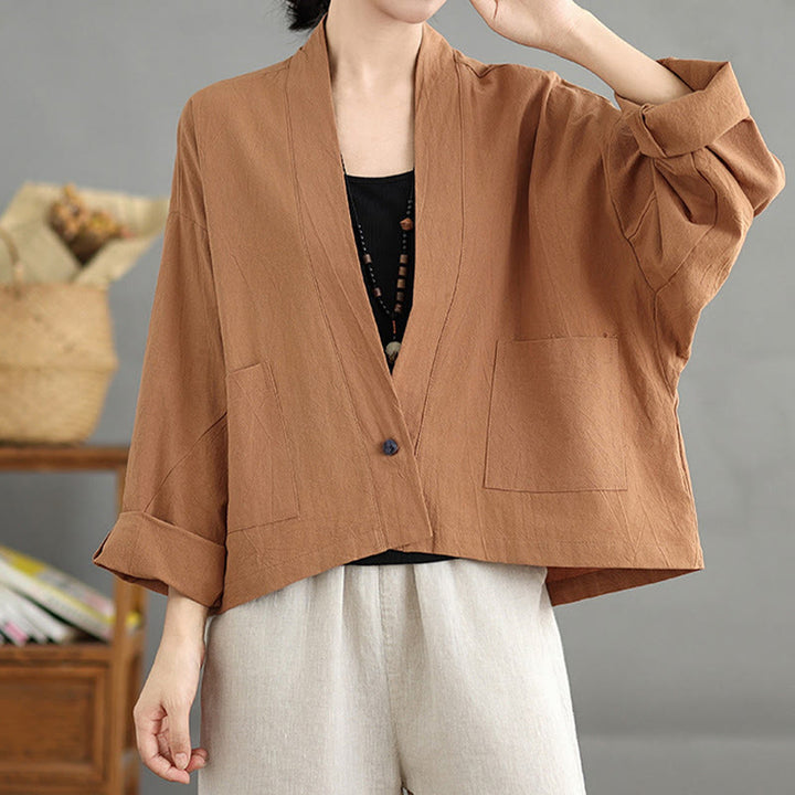 Buddha Stones Casual Vintage Plain Long Sleeve Open Front Cardigan Cotton Linen Jacket With Pockets - image 3