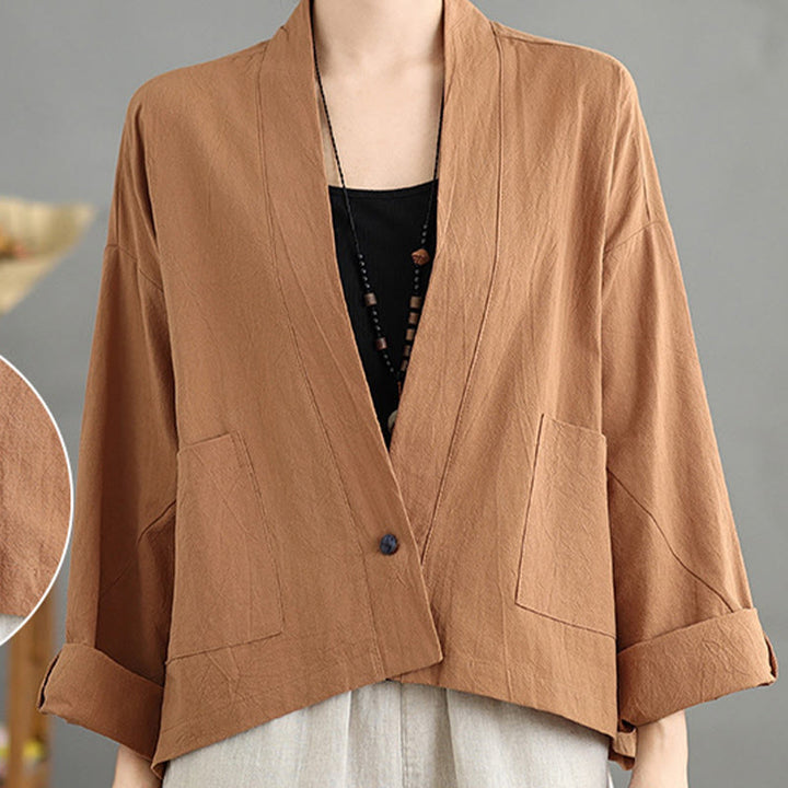 Buddha Stones Casual Vintage Plain Long Sleeve Open Front Cardigan Cotton Linen Jacket With Pockets - image 5