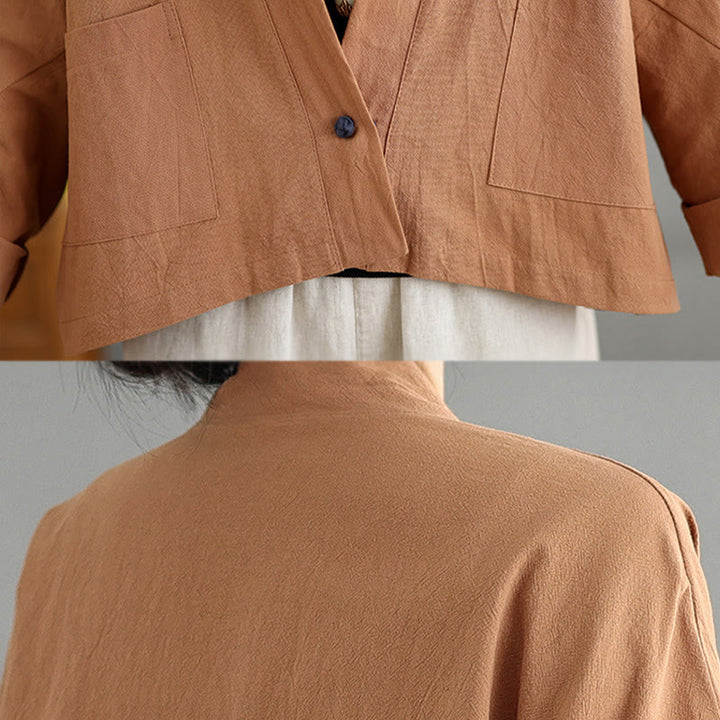 Buddha Stones Casual Vintage Plain Long Sleeve Open Front Cardigan Cotton Linen Jacket With Pockets - image 8