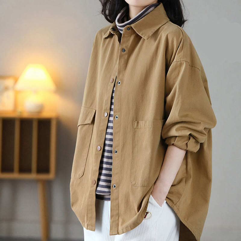 Buddha Stones Vintage Casual Pure Color Lapel Women's Cotton Jacket With Pockets - image 2
