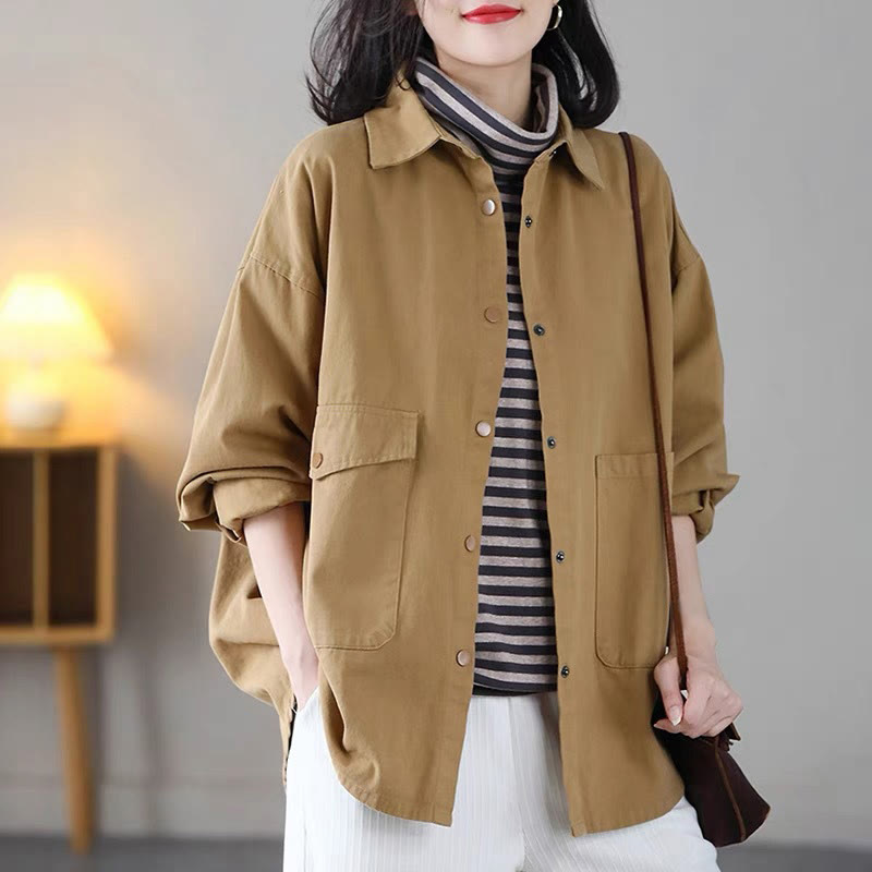 Buddha Stones Vintage Casual Pure Color Lapel Women's Cotton Jacket With Pockets - Goldenrod - US14，UK/AU18，EU46 (2XL) - image 1