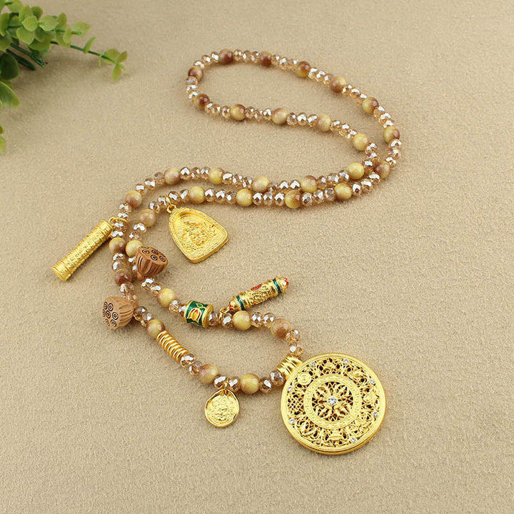 Buddha Stones Tibetan Lotus Round Plate Golden Tiger Eye Beads Necklace Pendant - image 9