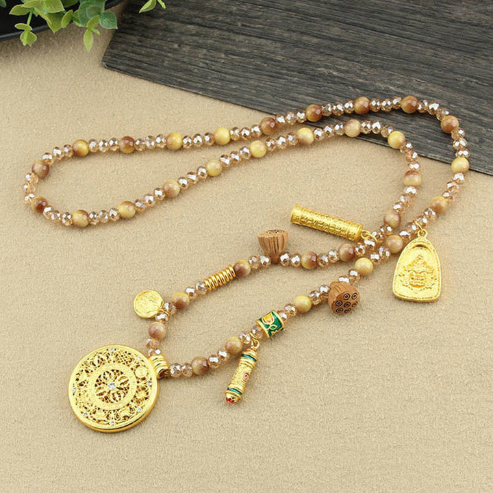Buddha Stones Tibetan Lotus Round Plate Golden Tiger Eye Beads Necklace Pendant - image 4