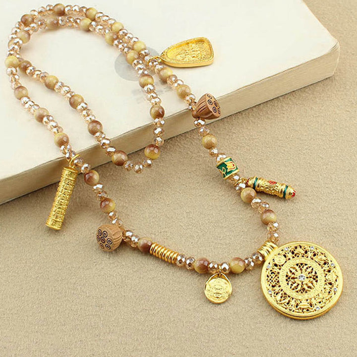 Buddha Stones Tibetan Lotus Round Plate Golden Tiger Eye Beads Necklace Pendant - image 3