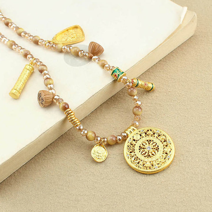 Buddha Stones Tibetan Lotus Round Plate Golden Tiger Eye Beads Necklace Pendant - image 2