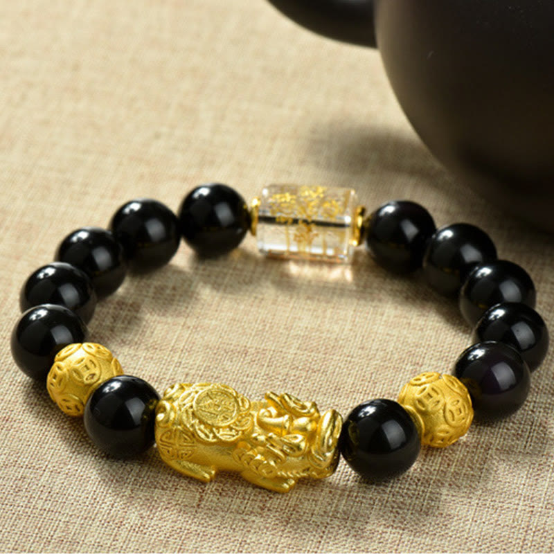 FREE Today: Positive and Wealth Fengshui Copper Pixiu Rainbow Obsidian Beads Bracelet - Copper Coins & Fortune & Brass Pixiu(Wrist circumference:18-19cm) - image 1