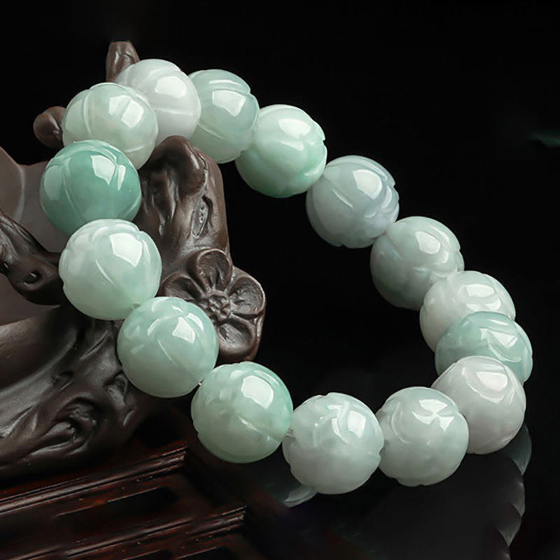 Buddha Stones Natural Jade Lotus Carving Prosperity Bracelet - image 2