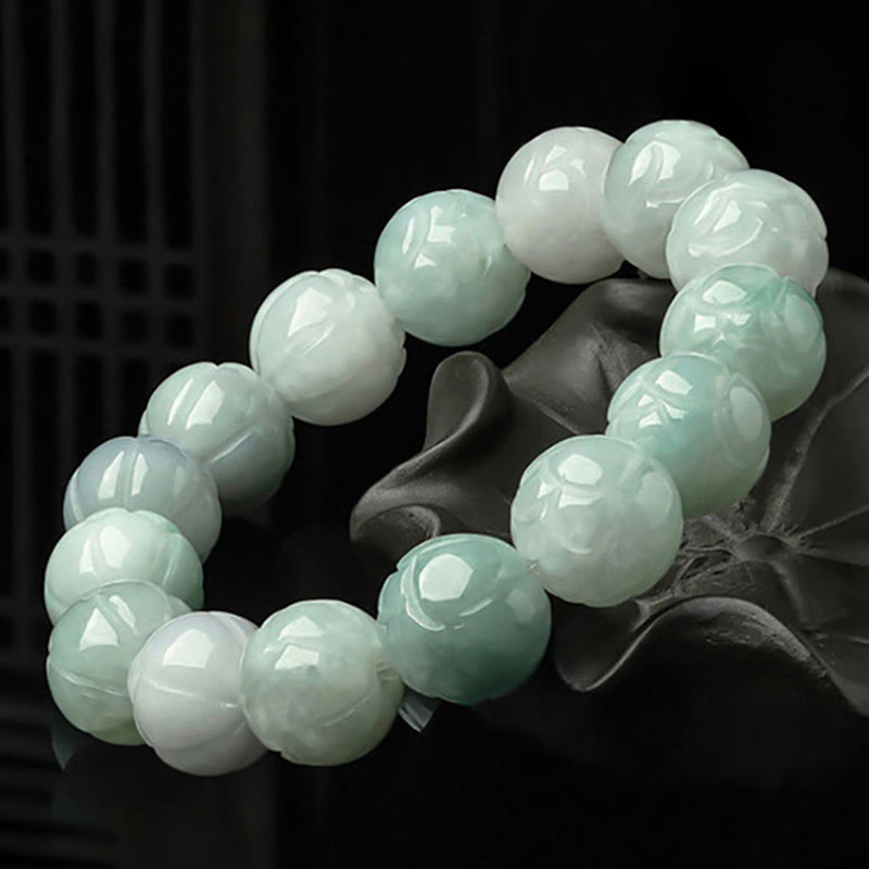 Buddha Stones Natural Jade Lotus Carving Prosperity Bracelet - image 3