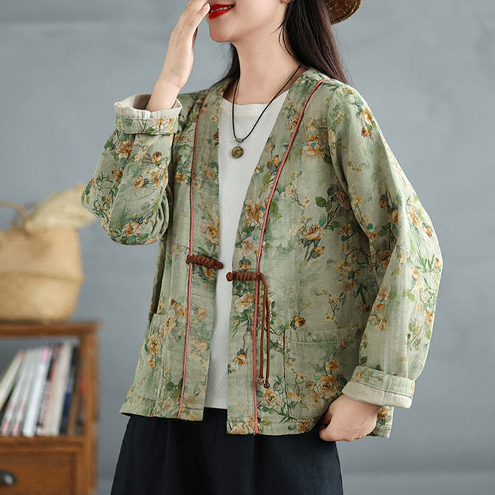Buddha Stones Printing Floral Frog-Button Open Front Cardigan Cotton Linen Jacket With Pockets - image 13