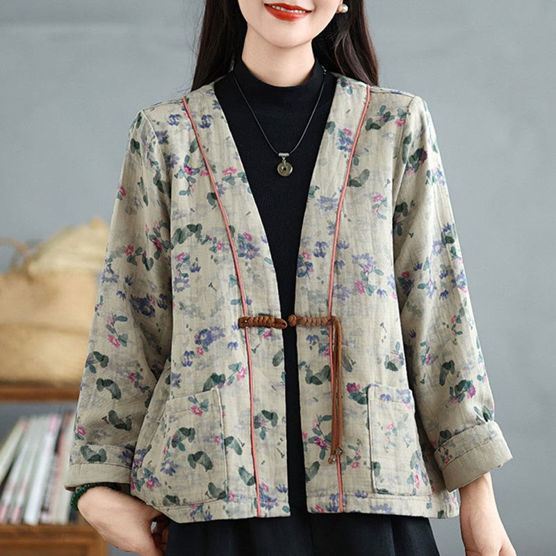 Buddha Stones Printing Floral Frog-Button Open Front Cardigan Cotton Linen Jacket With Pockets - image 3