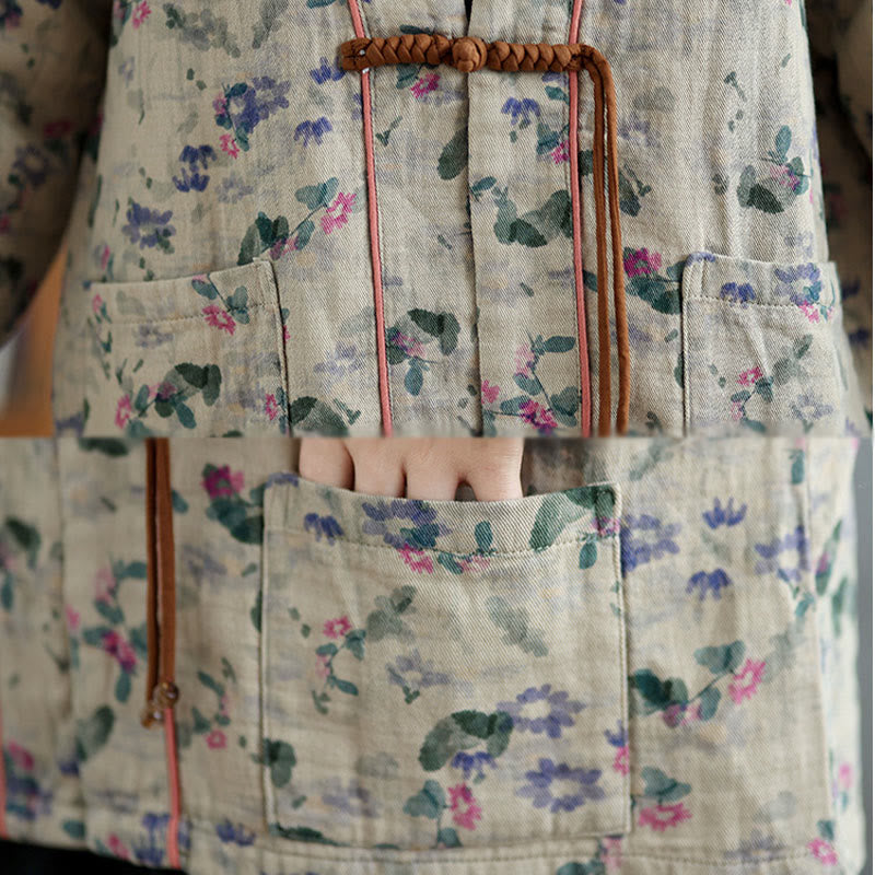 Buddha Stones Printing Floral Frog-Button Open Front Cardigan Cotton Linen Jacket With Pockets - image 10