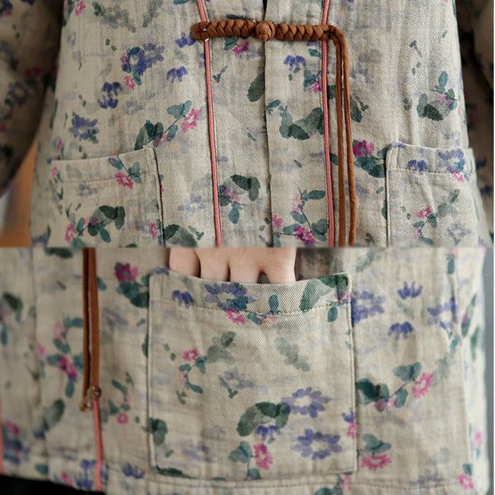 Buddha Stones Printing Floral Frog-Button Open Front Cardigan Cotton Linen Jacket With Pockets - image 10