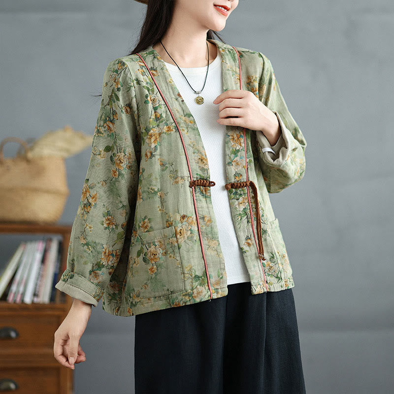 Buddha Stones Printing Floral Frog-Button Open Front Cardigan Cotton Linen Jacket With Pockets - image 14