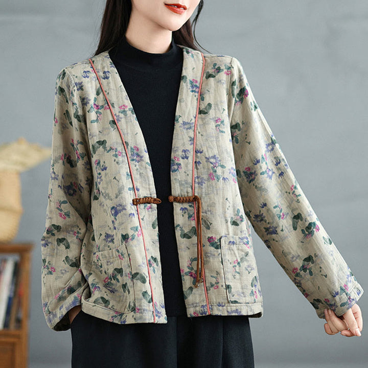 Buddha Stones Printing Floral Frog-Button Open Front Cardigan Cotton Linen Jacket With Pockets - image 4