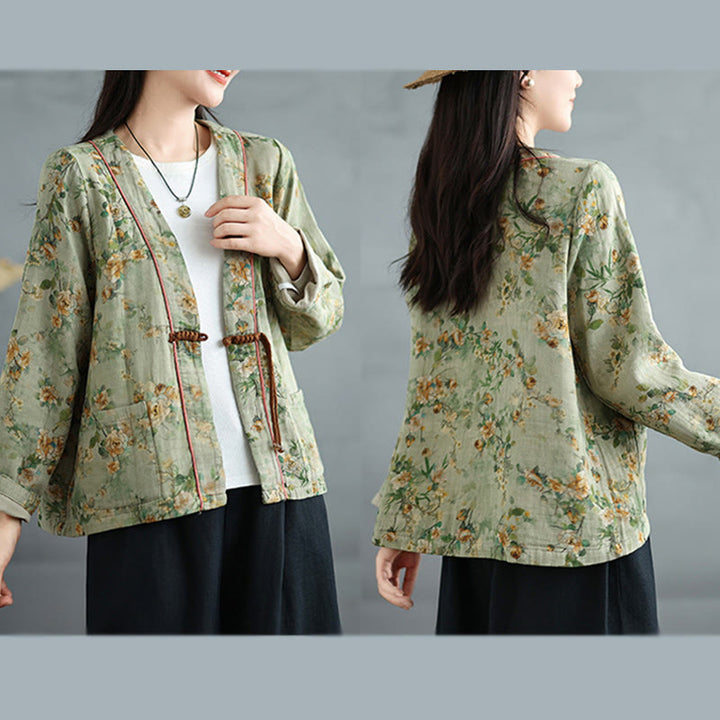 Buddha Stones Printing Floral Frog-Button Open Front Cardigan Cotton Linen Jacket With Pockets - image 16