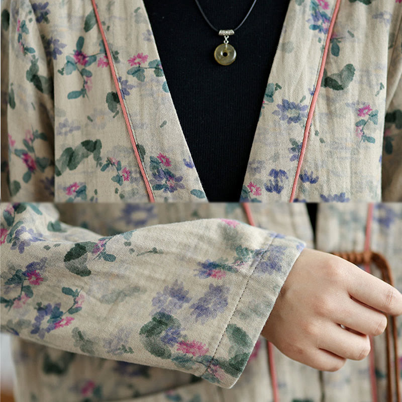 Buddha Stones Printing Floral Frog-Button Open Front Cardigan Cotton Linen Jacket With Pockets - image 8