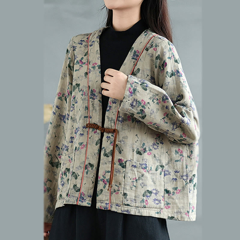 Buddha Stones Printing Floral Frog-Button Open Front Cardigan Cotton Linen Jacket With Pockets - image 5