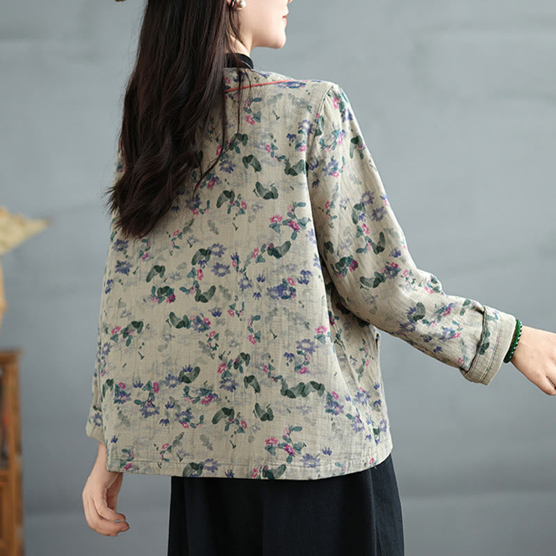 Buddha Stones Printing Floral Frog-Button Open Front Cardigan Cotton Linen Jacket With Pockets - image 2