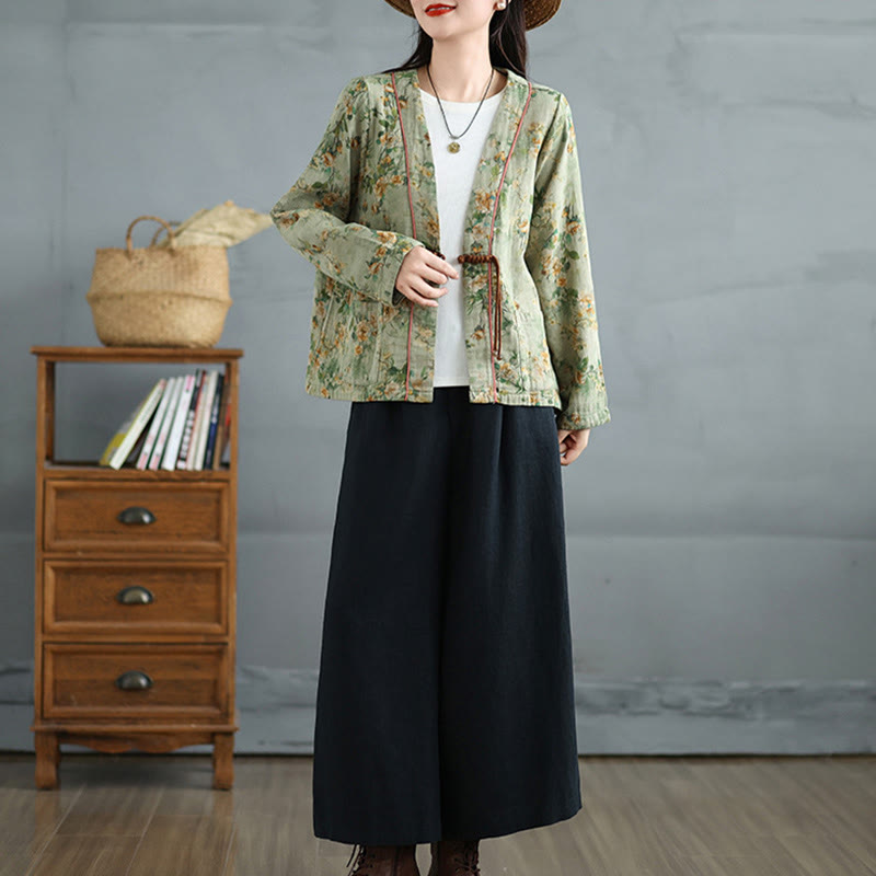 Buddha Stones Printing Floral Frog-Button Open Front Cardigan Cotton Linen Jacket With Pockets - image 15