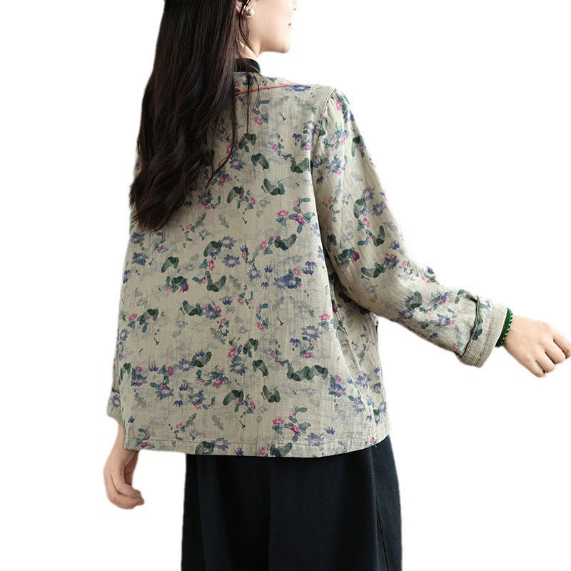 Buddha Stones Printing Floral Frog-Button Open Front Cardigan Cotton Linen Jacket With Pockets - image 11