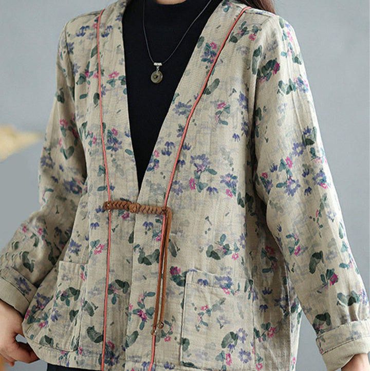 Buddha Stones Printing Floral Frog-Button Open Front Cardigan Cotton Linen Jacket With Pockets - image 7