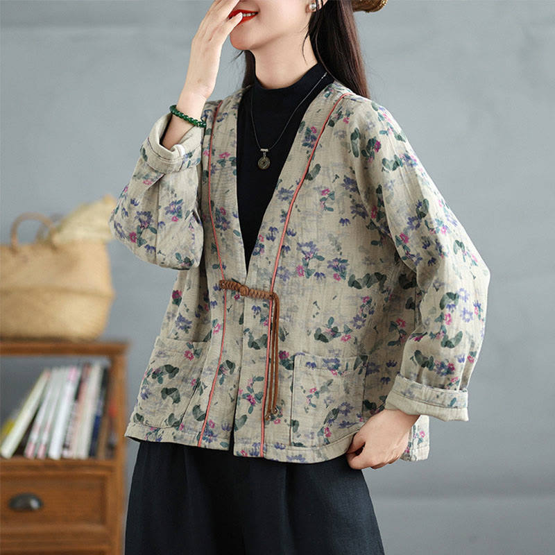 Buddha Stones Printing Floral Frog-Button Open Front Cardigan Cotton Linen Jacket With Pockets - Silver - US12，UK/AU16，EU44 (2XL) - image 1