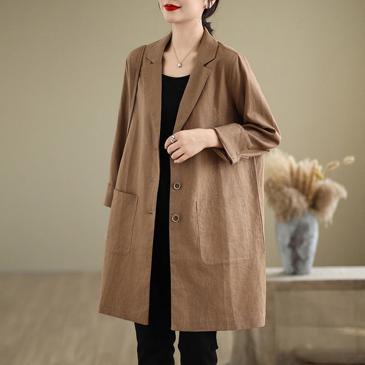 Buddha Stones Casual Fall Buttons Design Lapel Women's Cotton Linen Coat With Pockets - Peru - US8-10，UK/AU12-14，EU40-42 (2XL) - image 5