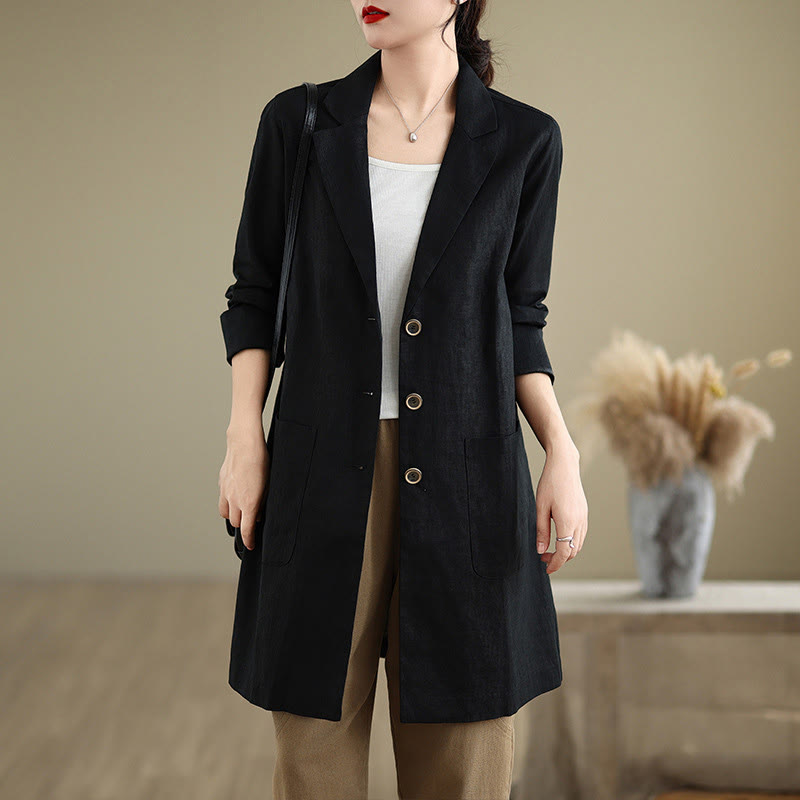 Buddha Stones Casual Fall Buttons Design Lapel Women's Cotton Linen Coat With Pockets - Black - US8-10，UK/AU12-14，EU40-42 (2XL) - image 1