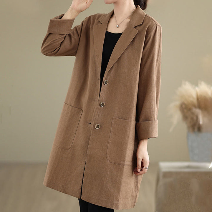 Buddha Stones Casual Fall Buttons Design Lapel Women's Cotton Linen Coat With Pockets - image 9