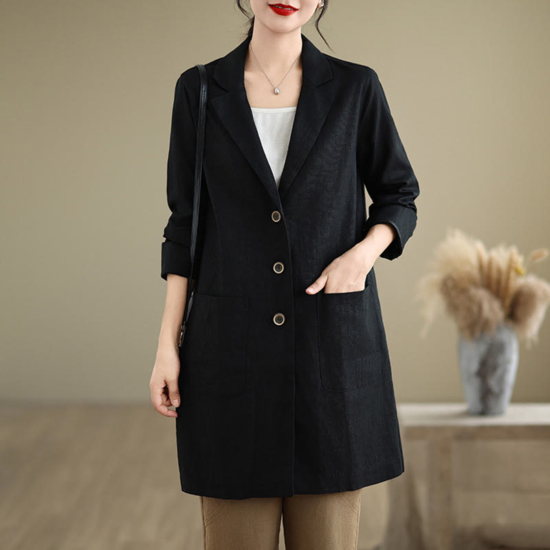 Buddha Stones Casual Fall Buttons Design Lapel Women's Cotton Linen Coat With Pockets - image 1