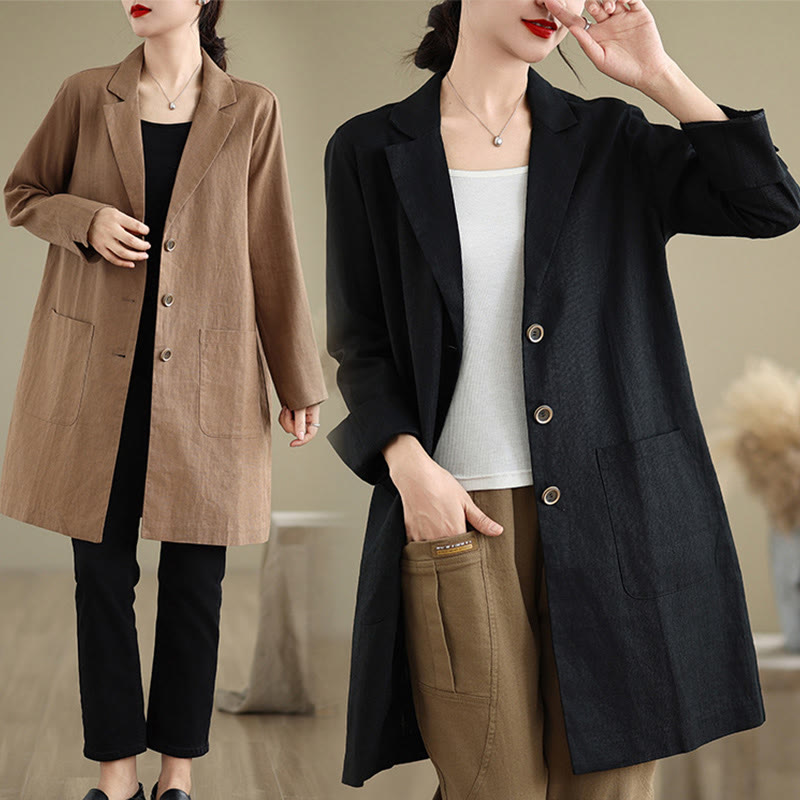 Buddha Stones Casual Fall Buttons Design Lapel Women's Cotton Linen Coat With Pockets - image 16