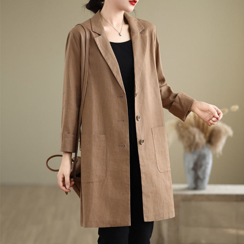 Buddha Stones Casual Fall Buttons Design Lapel Women's Cotton Linen Coat With Pockets - image 6