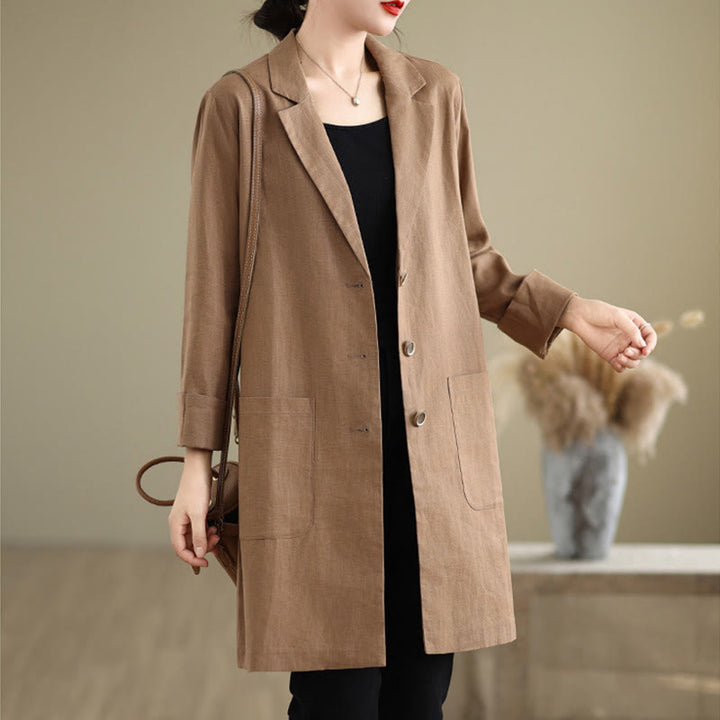 Buddha Stones Casual Fall Buttons Design Lapel Women's Cotton Linen Coat With Pockets - image 6