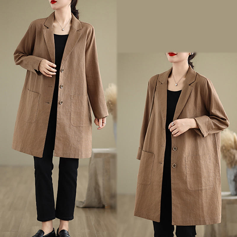 Buddha Stones Casual Fall Buttons Design Lapel Women's Cotton Linen Coat With Pockets - image 13