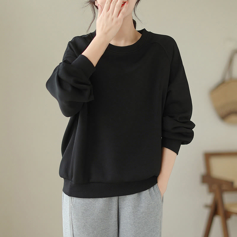 Buddha Stones Fall Plain Crew Neck Cotton Pullover Women's Sweatshirt  - Black - US14，UK/AU18，EU46 (2XL) - image 7