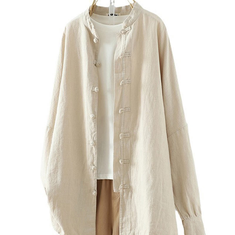 Buddha Stones Women's Solid Color Simple Chinese Frog-Button Design Cotton Linen Shirt - image 11