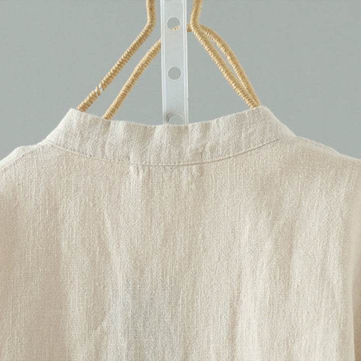 Buddha Stones Women's Solid Color Simple Chinese Frog-Button Design Cotton Linen Shirt - image 4