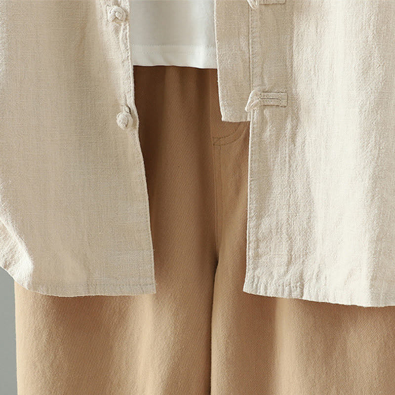 Buddha Stones Women's Solid Color Simple Chinese Frog-Button Design Cotton Linen Shirt - image 8