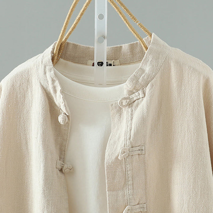 Buddha Stones Women's Solid Color Simple Chinese Frog-Button Design Cotton Linen Shirt - image 2