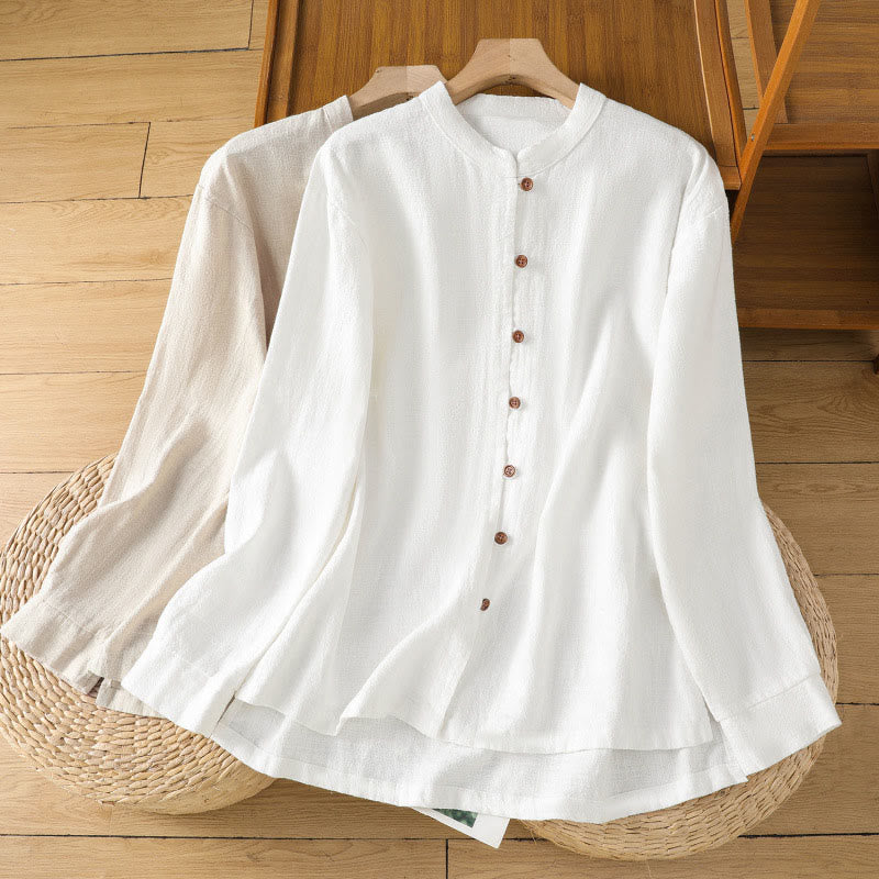 Buddha Stones Spring Solid Color Simple Hem Slit Design Cotton Linen Women's Shirt - image 21