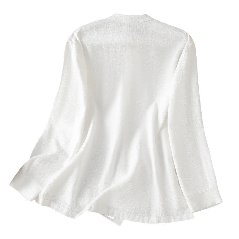 Buddha Stones Spring Solid Color Simple Hem Slit Design Cotton Linen Women's Shirt - image 20