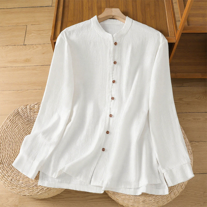 Buddha Stones Spring Solid Color Simple Hem Slit Design Cotton Linen Women's Shirt - White - US14，UK/AU18，EU46 (2XL) - image 10