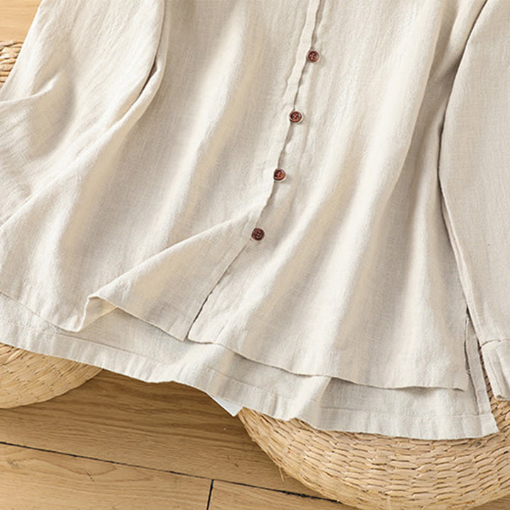 Buddha Stones Spring Solid Color Simple Hem Slit Design Cotton Linen Women's Shirt - image 6