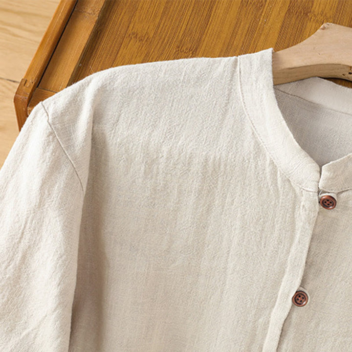 Buddha Stones Spring Solid Color Simple Hem Slit Design Cotton Linen Women's Shirt - image 5